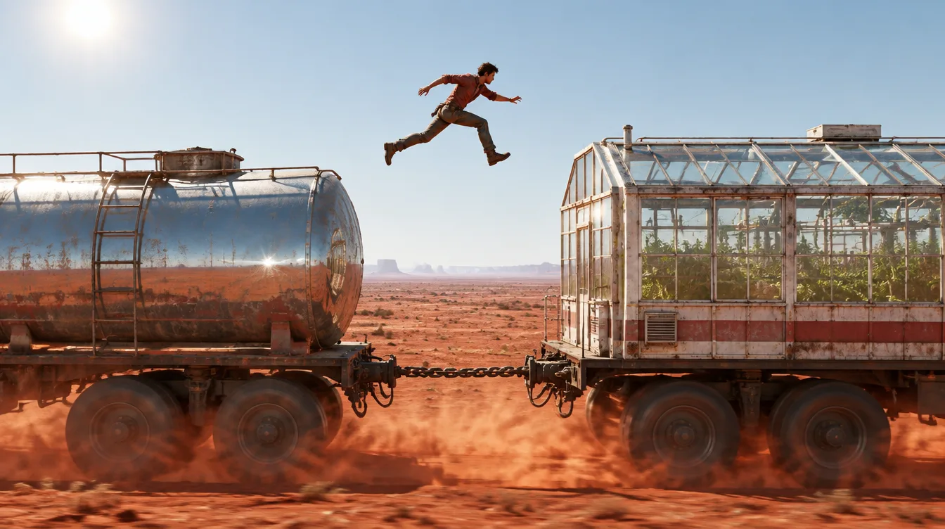 Darcy melompat dari atap gerbong tangki ke atap gerbong kebun saat road train melaju.
