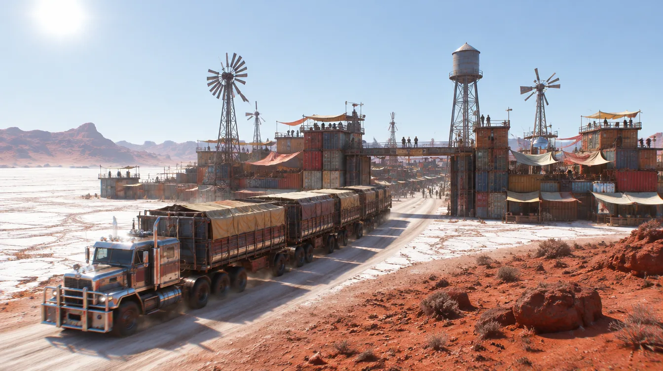 Road train masuk ke kota pangkalan dari kontainer bertumpuk, kincir angin, dan menara air.