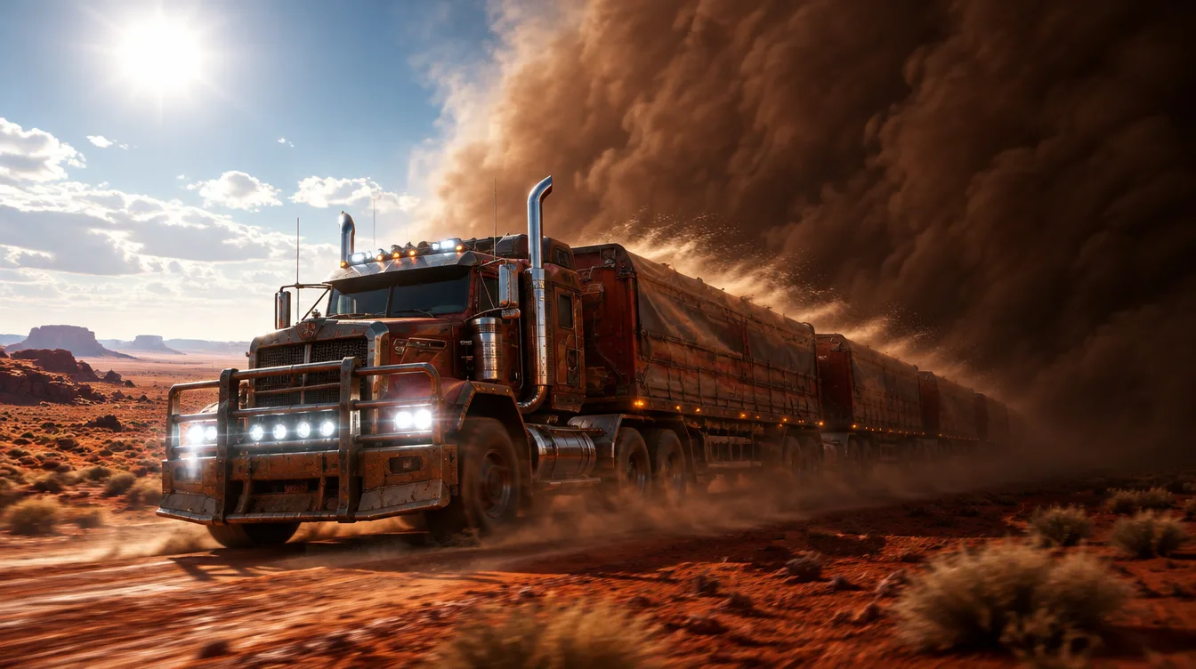 Road train dengan semua lampu menyala dikejar dinding debu coklat dari kanan.